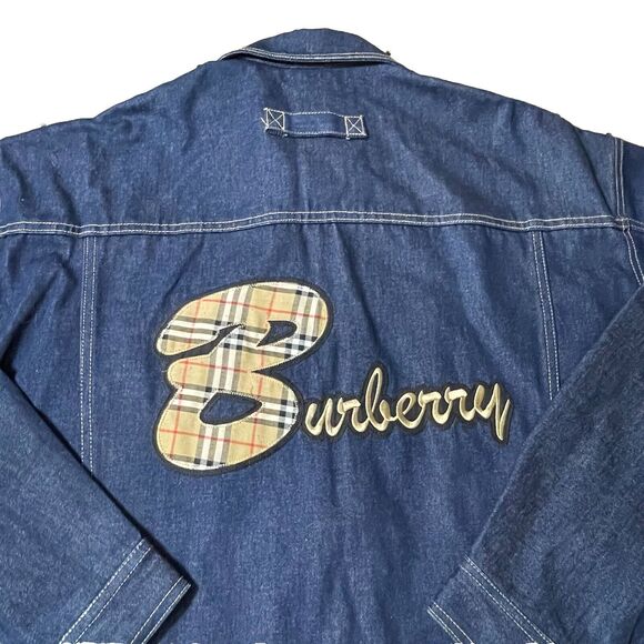 Burberry London Nova Check Script Denim Jacket VTG 90s Raw Denim Blue XL Men